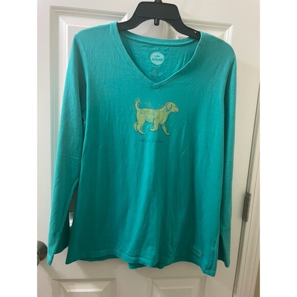 Life is Good Crusher Tee Women L Green Life Is Golden Retriever Dog V Neck - Picture 1 of 7